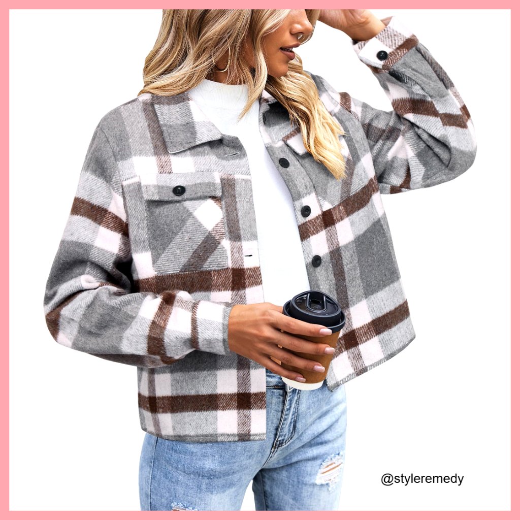 Cropped Flannel Shacket Jacket Plaid Button Down Casual Coat